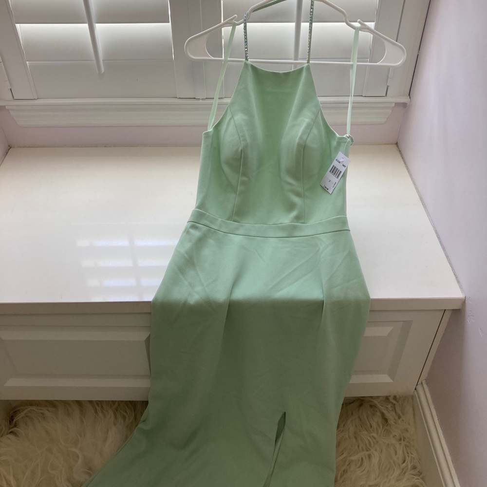 AQUA EMBELLISHED HALTER EVENING DRESS - Picture 8 of 16